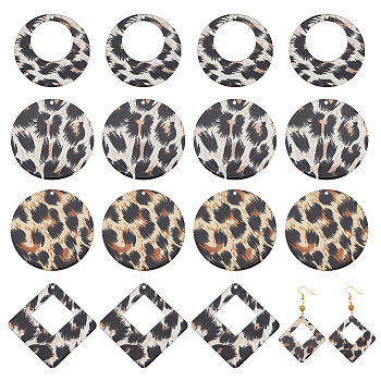 24Pcs 4 Style Transparent Acrylic Pendants, Flat Round & Round Ring & Rhombus with Leopard Print Pattern, Mixed Color, 42.5~46.5x42.5~46.5x2mm, Hole: 1.6~1.8mm, 6pcs/style