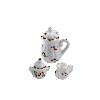 Cherry Pattern Mini Ceramic Tea Sets, including Cup, Teapot, Sugar Bowl, Miniature Ornaments, Micro Landscape Garden Dollhouse Accessories, Pretending Prop Decorations, White, 16~27x13~36mm, 3pcs/set