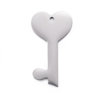 304 Stainless Steel Pendants, Stamping Blank Tag, Heart Key, Stainless Steel Color, 24x13x1mm, Hole: 1.2mm