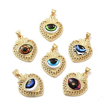 Opaque Resin Pendants, with Real 18K Gold Plated Tone Brass Findings, Heart with Eye Charm, Cadmium Free & Nickel Free & Lead Free, Mixed Color, 29x22.5x7mm, Hole: 3.5x4.3mm