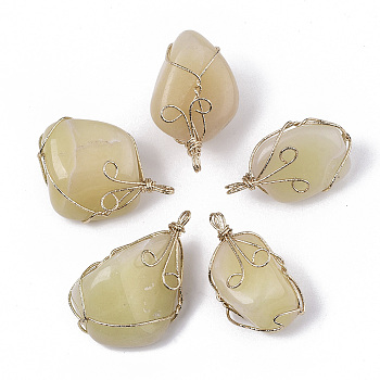 Dyed Natural White Jade Wire Wrapped Pendants, with Light Gold Plated Iron Wire, Nuggets, Pale Goldenrod, 37~50x25~30x19~25mm, Hole: 3mm