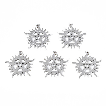 201 Stainless Steel Pendants, Sun with Star, Stainless Steel Color, 25x25x1.5mm, Hole: 1.5mm