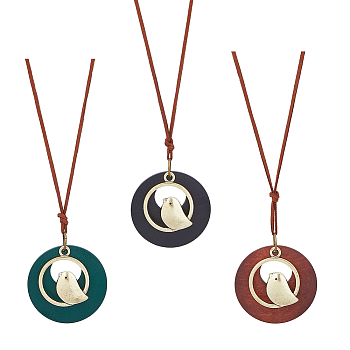 3Pcs 3 Colors Alloy Flat Round with Bird Pendant Necklaces Set with Faux Suede Cords, Mixed Color, 43.94 inch(111.6cm), 1pc/color