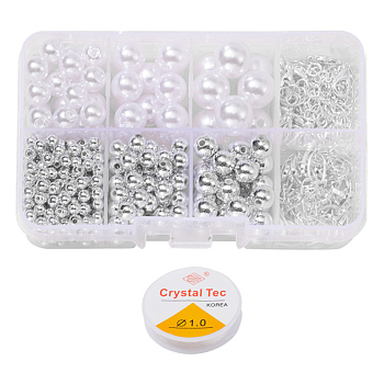 461Pcs Round Beads Kit for DIY Bracelet Making, Including  Round ABS Plastic Beads, Iron Paperclip Chains & End Chain & Jump Rings, Zinc Alloy Clasps, Elastic Stretch Thread, Silver, Beads: about 361pcs/set