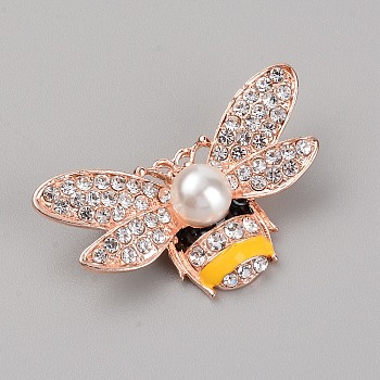 Zinc Alloy Enamel Brooch, with Resin Rhinestone, Bees, Rose Gold, Gold, 23x39.5x13mm