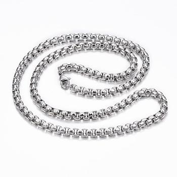 304 Stainless Steel Box Chain Necklaces, with Lobster Clasps, Stainless Steel Color, 23.62 inch(60cm), 5mm