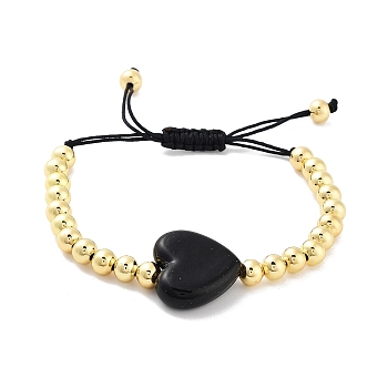 Handmade Lampwork Heart Bracelets, Adjustable 6mm Round Brass Braided Bead Bracelets for Women, Real 18K Gold Plated, Black, Inner Diameter: 1-7/8~3-1/8 inch(4.8~7.8cm), Heart: 19x20.5x7mm