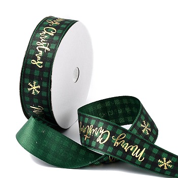 20 Yards Merry Christmas Printed Polyester Grosgrain Ribbons, Hot Stamping Flat Tartan Ribbons, Dark Green, 1 inch(25mm), about 20.00 Yards(18.29m)/Roll