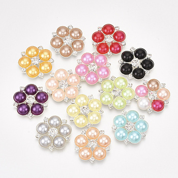 ABS Plastic Imitation Pearl Cabochons, with Brass Findings and Rhinestone, Flower, Silver Color Plated, Mixed Color, 23.5x23x4mm