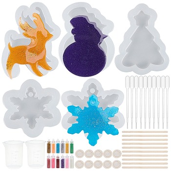 DIY Christmas Silicone Molds Kits, Include Birch Wooden Craft Ice Cream Sticks and Plastic Transfer Pipettes, Latex Finger Cots, Plastic Measuring Cup, Glass Pendant Bottle Decoration, White, 60x53x7mm, Inner Diameter: 45x35mm, 2pcs