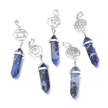 Natural Sodalite Pointed Big Pendants, Double Terminated Pointed, with Platinum Plated Brass Findings, Faceted, Bullet, 59~67x14~15mm, Hole: 7x5mm, Gemstone: 41~44x8mm