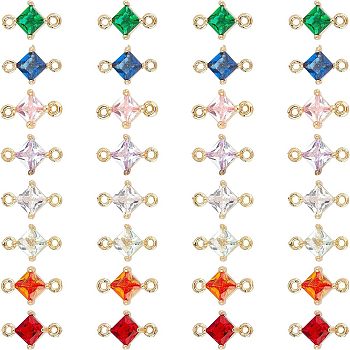 Transparent Glass Links Connectors, with Brass Findings, Faceted, Rhombus, Light Gold, Mixed Color, 11x7x4mm, Hole: 1mm, Side Length: 5mm, 8 colors, 4pcs/color, 32pcs/box