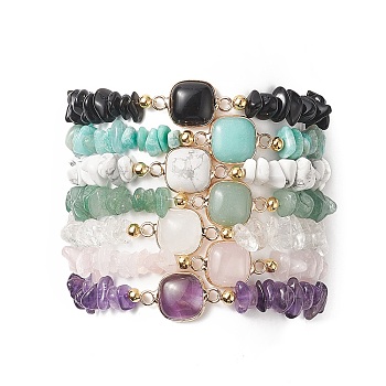 7Pcs 7 Style Natural & Synthetic Mixed Gemstone Square & Chips Beaded Stretch Bracelets Set for Women, Inner Diameter: 2-1/2 inch(6.4cm), 1Pc/style