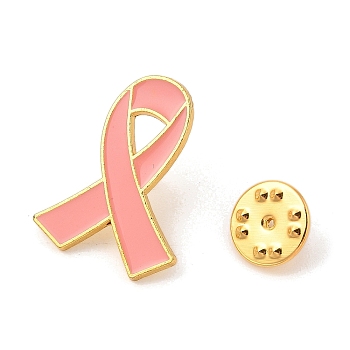 Breast Cancer Awareness Pink Ribbon Enamel Pin, Alloy Badge for Backpack Clothes, Golden, 26.5x20.5x1.7mm