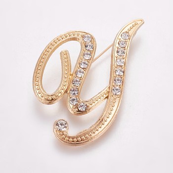 Alloy Brooches, with Rhinestone, Letter, Letter.Y, Golden, 46x32x3mm, Pin: 1mm