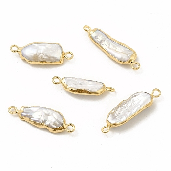 Baroque Natural Keshi Pearl Connector Charms, Nuggets Links, with Brass Double Loops, Light Gold, 24~28x7~9x4~5mm, Hole: 1.6~1.8mm