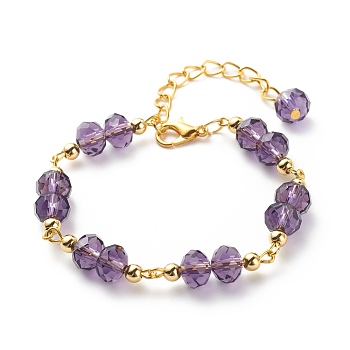 Glass Rondelle & Brass Beaded Bracelet for Women, Purple, 6-1/2 inch(16.4cm)