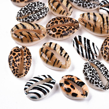 Printed Natural Cowrie Shell Beads, No Hole/Undrilled, with Animal Skin Pattern, Mixed Color, 18~22x13~14x6~8mm