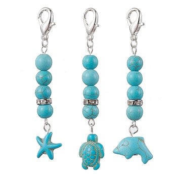3Pcs 3 Styles Glass Pendant Decorations, with Zinc Alloy Lobster Claw Clasps, Dark Turquoise, 58~66mm, 1pc/style