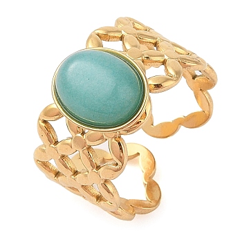 Oval Natural Amazonite Finger Rings, Ion Plating(IP) 304 Stainless Steel Hollow Wide Cuff Rings for Women, Soldered, Real 14K Gold Plated, Oval: 11.5x9.5mm, Adjustable