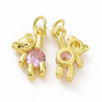 Brass Micro Pave Clear Cubic Zirconia Charms, with Jump Rings, Bear, Pearl Pink, 14x11x4mm, Hole: 4mm
