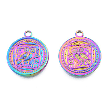 Ion Plating(IP) 201 Stainless Steel Pendants, Flat Round with Owl, Rainbow Color, 24x20.5x2mm, Hole: 2.5mm