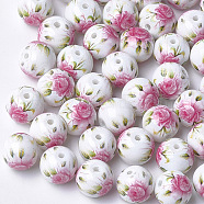 Printed & Spray Painted Glass Beads, Round with Flower Pattern, Hot Pink, 8~8.5x7.5mm, Hole: 1.4mm(GLAA-S047-02A-11)