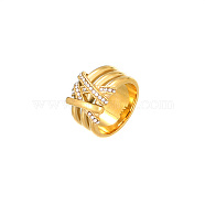 Golden Stainless Steel Rhinestone Wide Band Rings, Crystal, US Size 8(18.1mm)(AG2526-4)