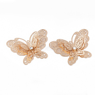 Brass Filigree Joiners Links, with Crystal Rhinestone, Butterfly, Light Gold, 37x50x9mm, Hole: 1.2mm(KK-S353-002LG)