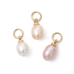 Natural Cultured Freshwater Pearl Pendants, Rice Charms with 304 Stainless Steel Findings, Mixed Color, Golden, 11x6mm, Jump Ring: 5x1mm, Inner Diameter: 3mm(X-PALLOY-JF05172-01)