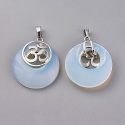Opalite Pendants, with Platinum Tone Brass Findings, Flat Round with Om Symbol, 32~32.5x28x7~7.5mm, Hole: 5x8mm(KK-F751-L-A16)