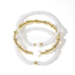 Fashionable Round Brass & Shell Cross Beaded Bracelets Sets, Glass Stretch Bracelets, White, 6-7/8 inch(17.5cm)(TC5488-1)