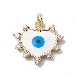 Brass Micro Pave Cubic Zirconia Pendants, with Enamel & Jump Ring, Cadmium Free & Lead Free, Real 18K Gold Plated, Long-Lasting Plated, Sacred Heart with Evil Eye Charm, White, 19.5x20x3mm, Hole: 3mm(KK-E003-09G)