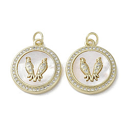 Brass Micro Pave Cubic Zirconia Pendants, with Shell, Flat Round, Real 18K Gold Plated, Bird, 21x18x3~3.5mm, Hole: 3.5mm(KK-G485-17C-G)