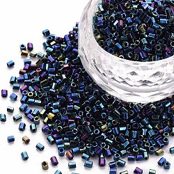 Glass Bugle Beads, Metallic Colours, Marine Blue, 2.5~3x2mm, Hole: 0.9mm, about 1666pcs/50g(X-SEED-S032-13A-604)