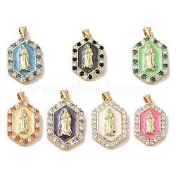 Rack Plating Brass Enamel Cubic Zirconia Pendants, Long-Lasting Plated, Lead Free & Cadmium Free, Real 18K Gold Plated, Hexagon, Mixed Color, 25x16.5x4.5mm, Hole: 3x4mm(KK-S366-04G)