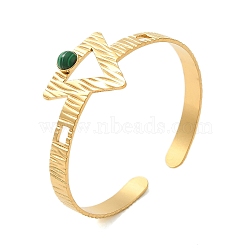 304 Stainless Steel Open Cuff Bangles, with Synthetic Malachite, Jewely Textured Bangles for Women, Real 18K Gold Plated, Triangle, Inner Diameter: 2-1/8x2 inch(5.5x5.05cm)(BJEW-K230-02G-G)
