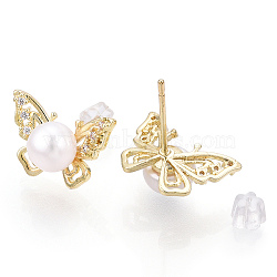 Brass Rhinestone Butterfly & Natural Pearl Stud Earrings, with 925 Sterling Silver Pins, Real 18K Gold Plated, 10x14.5mm, Pin: 0.8mm(PEAR-N020-06G)