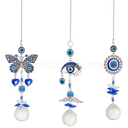 AHADEMAKER 3Pcs 3 Style Evil Eye Pendant Decorations, Alloy & Glass Hanging Suncatchers, for Home Decoration, Flower/Eye/Butterfly, Mixed Patterns, 430mm, 1pc/style(HJEW-GA0001-26)