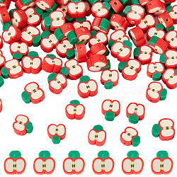 Handmade Polymer Clay Beads, Apple Slice, Red, 9.5~11x9~10x4.5~4.7mm, Hole: 1.6mm, 200pcs/box(CLAY-SC0001-52)