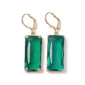 Glass Leverback Earring, with Brass Finding,  Rectangle, Green, 47x12.5mm