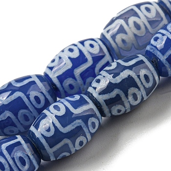 Blue Tibetan Style dZi Beads Strands, Dyed Natural Agate Beads Strands, Rice, Ring, 13.5~14x10~10.5mm, Hole: 1mm, about 25pcs/strand, 13.58 inch(34.5cm)