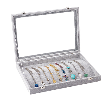 PU Leather Necklace Necklace Presentation Box, Dustproof Necklace Display Organizer Case, with Clear Glass Window, Rectangle, Gray, 35x24.5x4.9cm