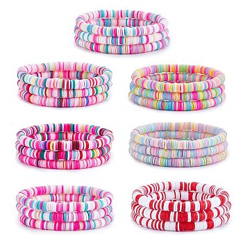 Handmade Polymer Clay Heishi Surfer Stretch Bracelets Set, Stackable Preppy Bracelets for Women, Pink, Inner Diameter: 2-1/8 inch(5.3cm), 21Pcs/set