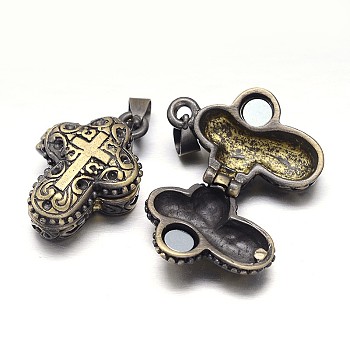 Carved Cross Rack Plating Brass Prayer Box Pendants, Wish Box, with Magnetic Material, Nickel Free, Antique Bronze, 27x18x10mm, Hole: 5x3mm