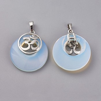 Opalite Pendants, with Platinum Tone Brass Findings, Flat Round with Om Symbol, 32~32.5x28x7~7.5mm, Hole: 5x8mm