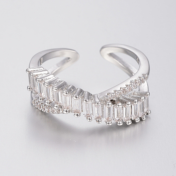 Brass Micro Pave Cubic Zirconia Finger Rings, Cuff Rings, Open Rings, Size 7, Platinum, 17mm