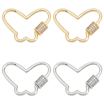 WADORN 4Pcs 2 Colors Butterfly Brass Micro Pave Clear Cubic Zirconia Screw Carabiner Lock Charms, for Necklaces Making, Platinum & Golden, 21.5x29.5x1.5~5mm, 2pcs/color