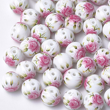 Printed & Spray Painted Glass Beads, Round with Flower Pattern, Hot Pink, 8~8.5x7.5mm, Hole: 1.4mm