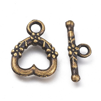Tibetan Style Alloy Heart Toggle Clasps, Nickel Free, Antique Bronze, Heart: 18x14x3mm, Hole: 2.5mm, Bar: 20x8x3mm, Hole: 3mm